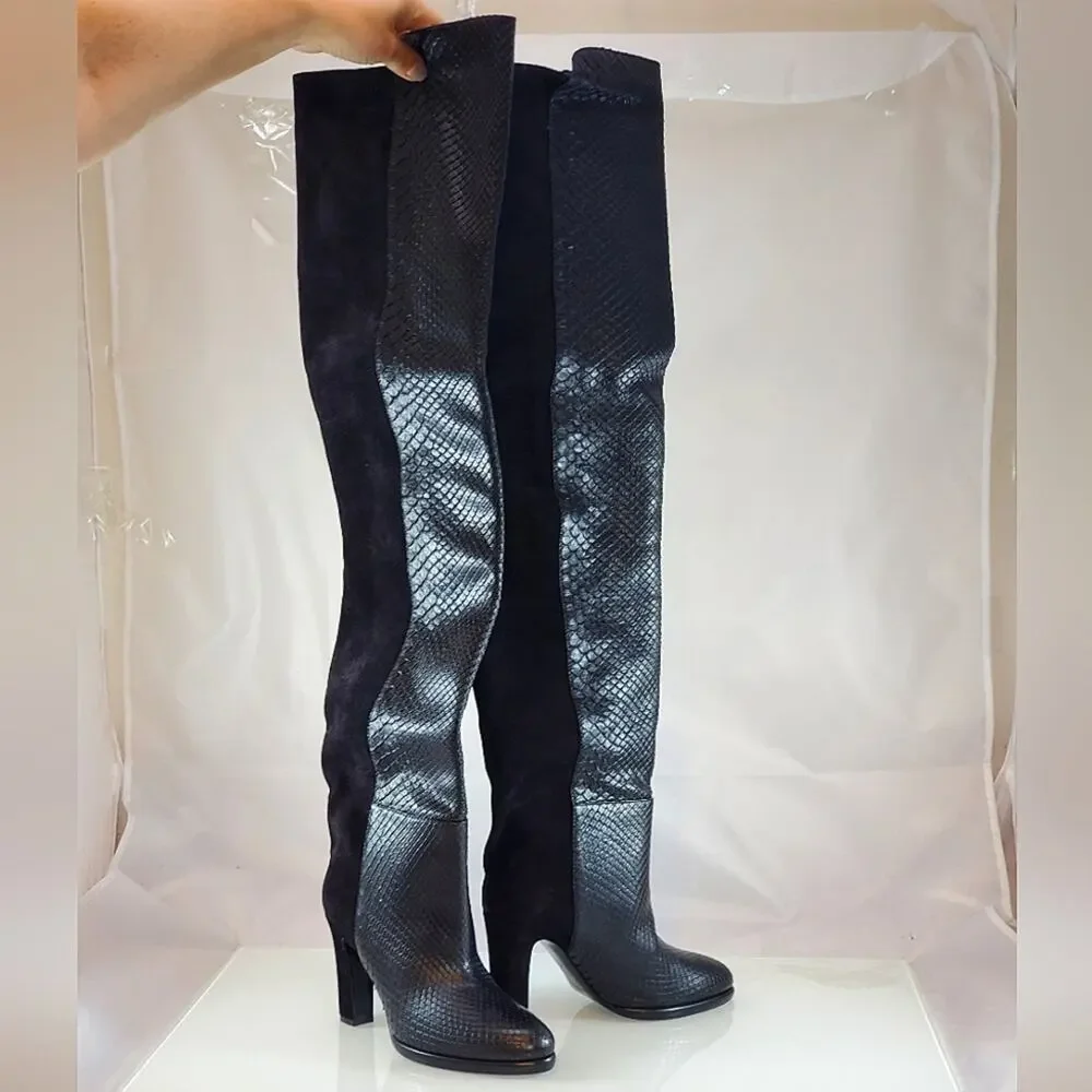 NWT$2995 Givenchy Black Mayfair Suede Snakeskin Leather High Knee Boots Sz 36, 6